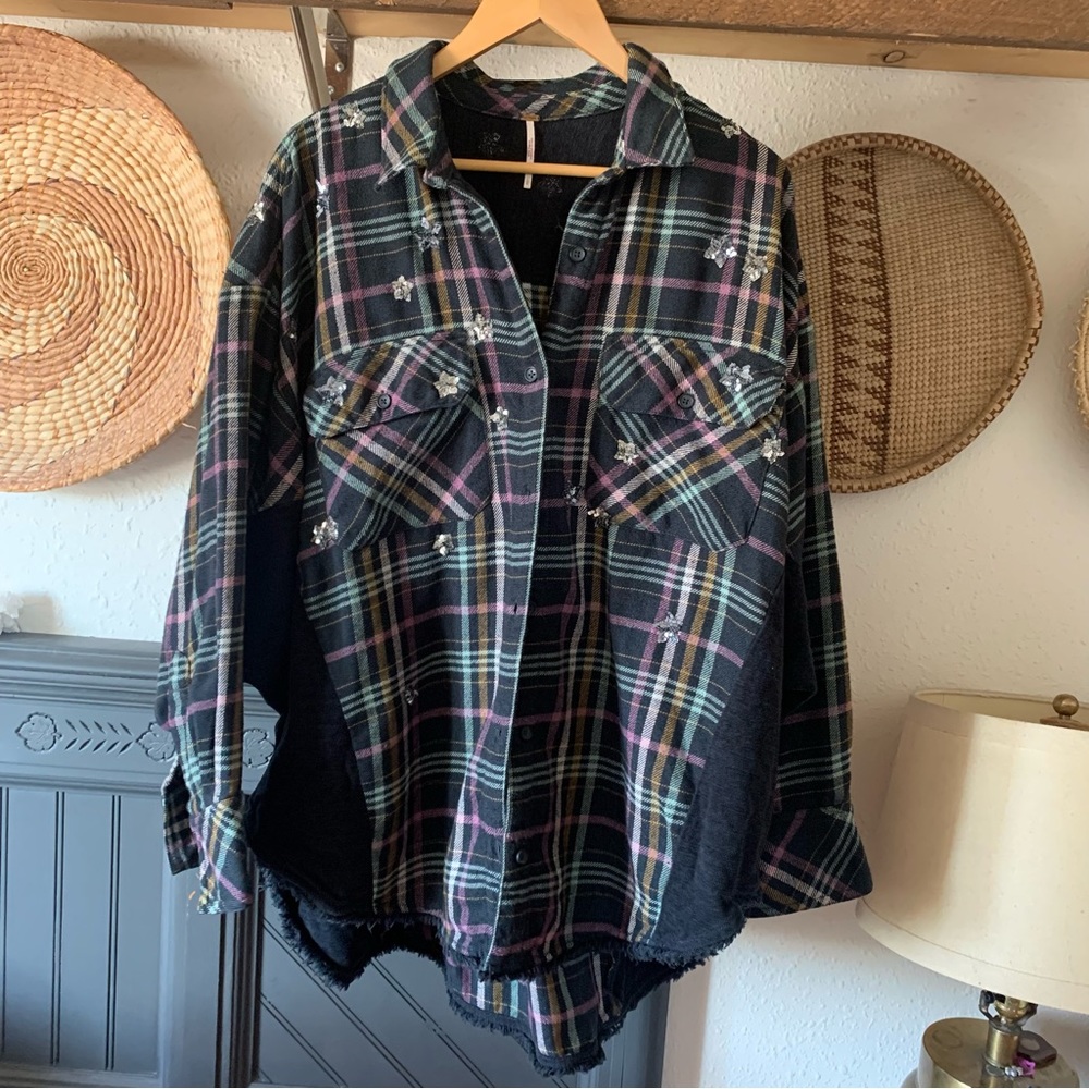 Free People Constellations Within Plaid Flannel Shacket- black combo